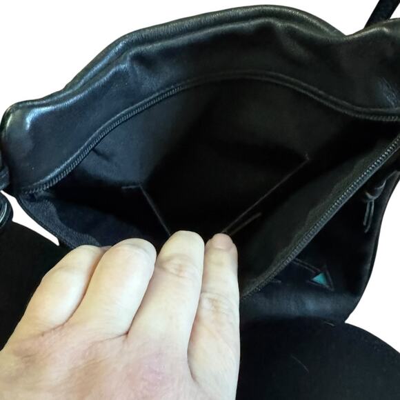 Ilze Heider Artsy Leather Design Crossbody Purse Black Colorful Shapes Eclectic - Picture 8 of 13